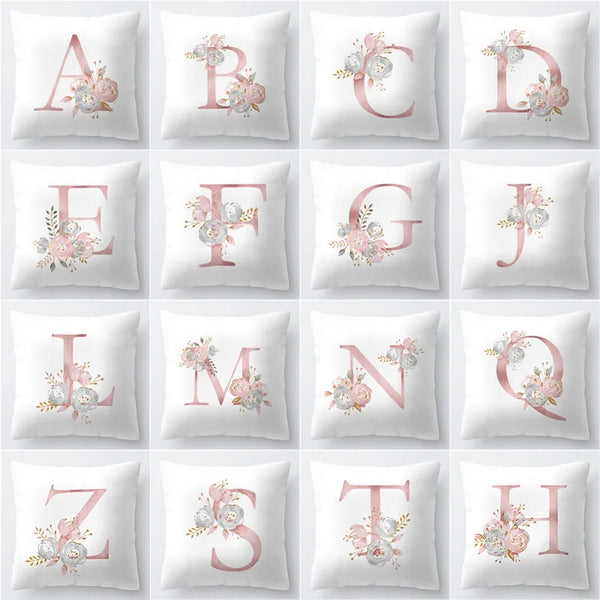 Capa de Almofada Floral Rosa com Letras Douradas